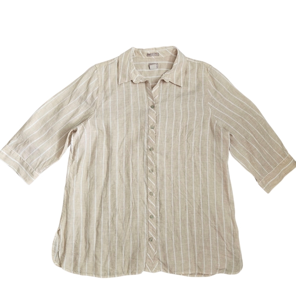 Chico's 100% Linen Tunic No Iron FreshChic Beige Stripe Sz 3 (16-18) Coastal